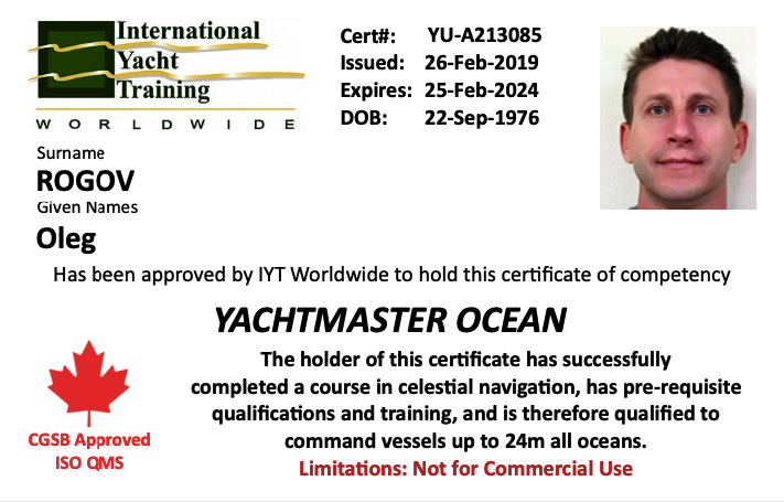 СЕртификат Yachtmaster Ocean IYT